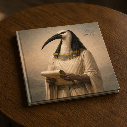 Square hardcover Egyptian mythology art book featuring a bird-headed Anubis-inspired figure on the cover, displayed on a wooden coffee table