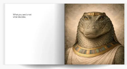 Minimalist open page layout showing crocodile-headed Sobek-inspired figure in Egyptian mythology art book