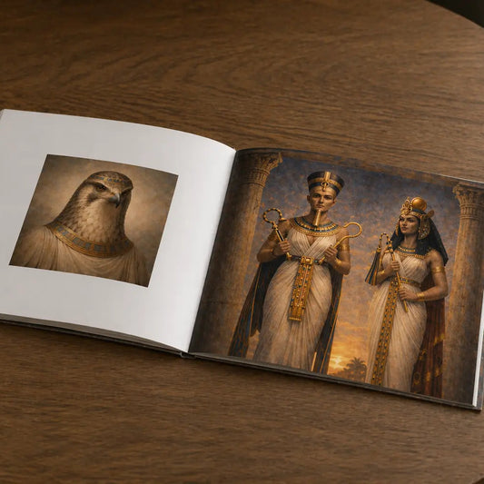 Open Egyptian mythology art book showing two-page spread with detailed illustrations of ancient Egyptian deities in a square hardcover format