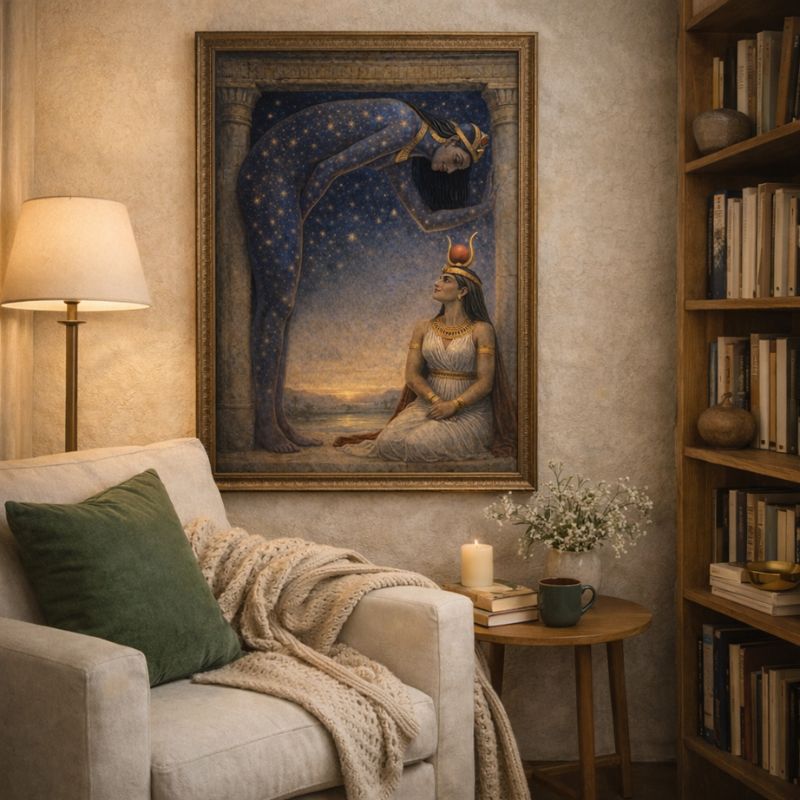 Cozy living room with Egyptian mythology wall art featuring two goddesses and starlit sky.
