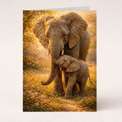 Elephant mother and calf in a sunlit meadow, surrounded by wildflowers, greeting card art