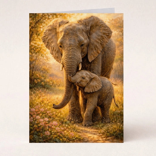Elephant mother and baby walking together in a warm golden landscape, symbolizing maternal love and protection, Mother’s Day greeting card.