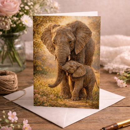 Greeting card with illustrated mother elephant and baby in a floral nature setting