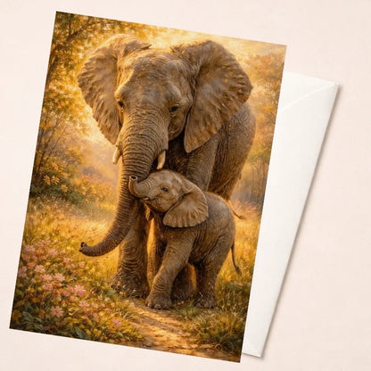 Greeting card with elephant mother and calf in a sunlit, floral landscape
