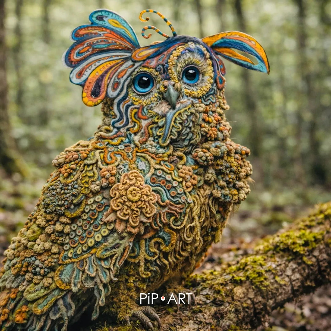 Detailed fantasy owl with intricate textures and colorful feather patterns, perched in a forest, mythical creature illustration