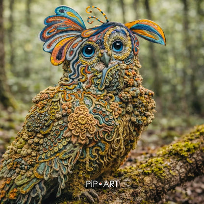 Detailed fantasy owl with intricate textures and colorful feather patterns, perched in a forest, mythical creature illustration