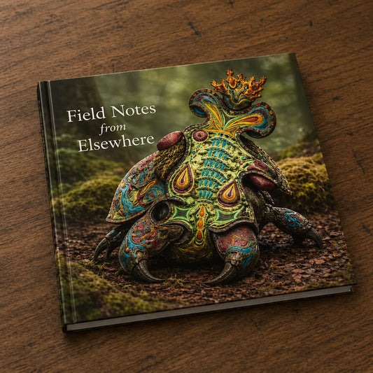 Hardcover fantasy art book titled Field Notes from Elsewhere featuring a detailed colorful mythical creature on the cover in a forest environment