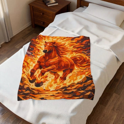 Fantasy fire horse blanket with vibrant orange flames on a bed, mythology-inspired decor
