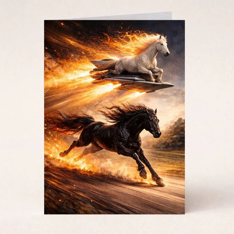 Chinese New Year card with fiery black horse running and white horse flying on flames
