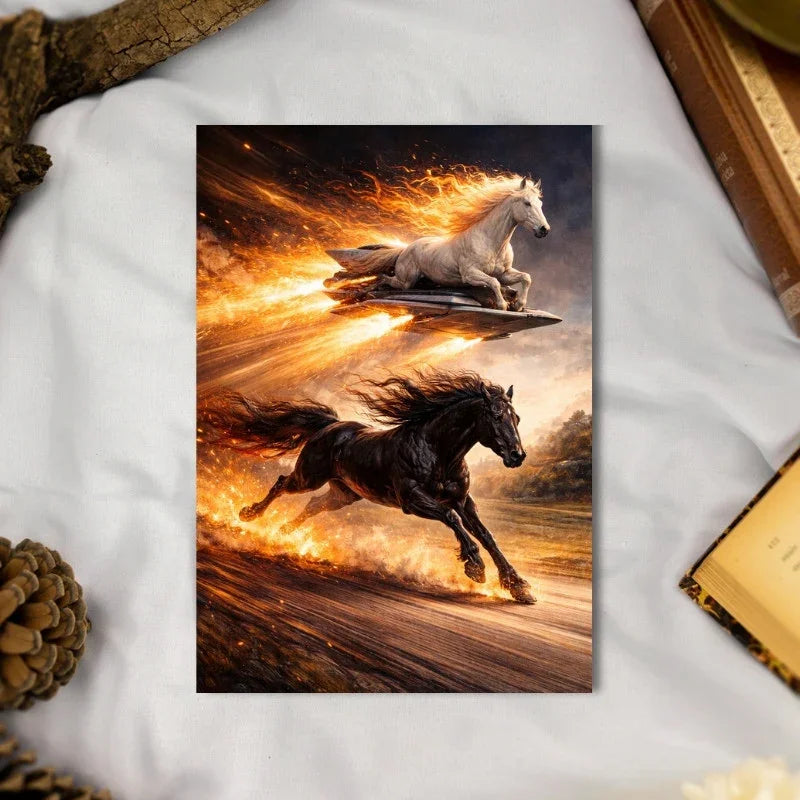 Fantasy art card with a black and a white horse galloping through fiery flames