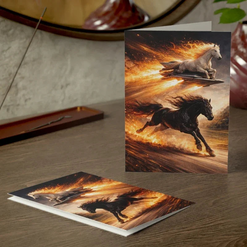 Fantasy greeting card with fiery black and white horses running, symbolizing strength and momentum