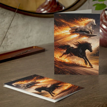 Fantasy greeting card with fiery black and white horses running, symbolizing strength and momentum