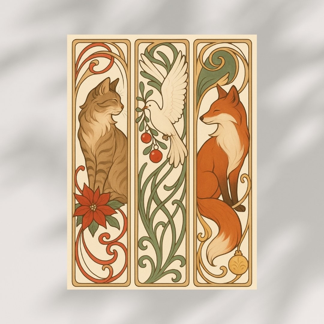 Art print featuring a cat, dove, and fox in elegant, fantasy-inspired floral panels.