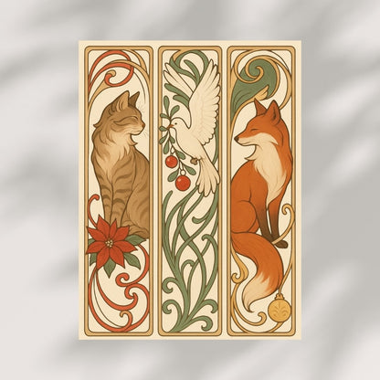 Art print featuring a cat, dove, and fox in elegant, fantasy-inspired floral panels.