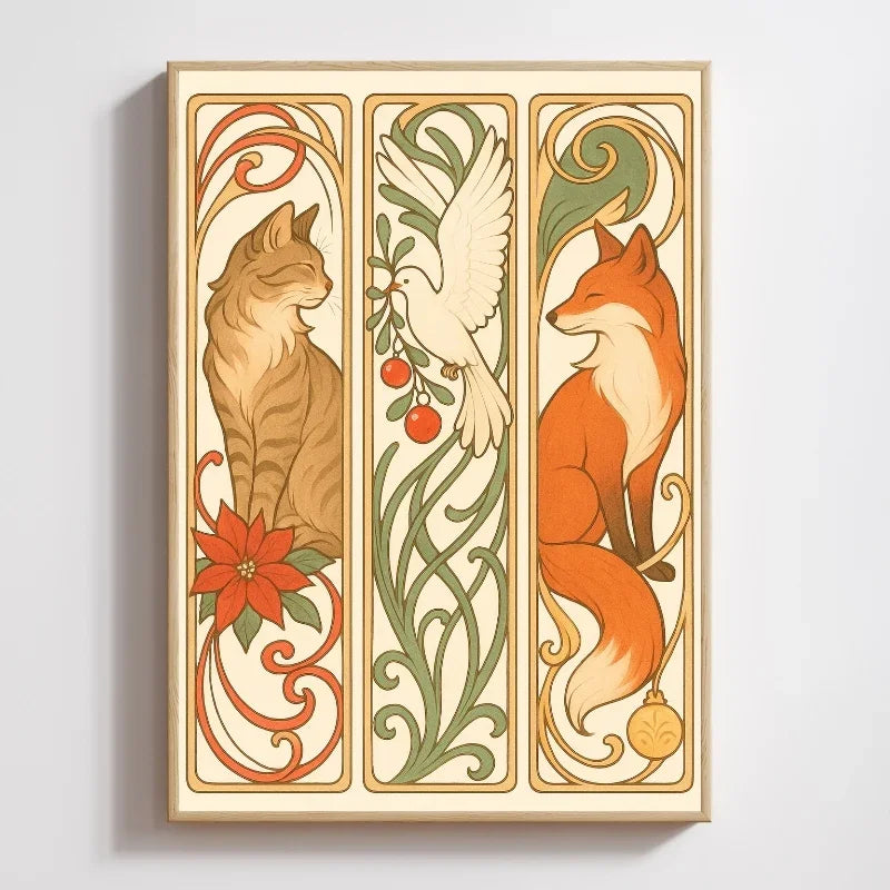 Festive art print with a cat, dove, and fox among botanical and holiday motifs
