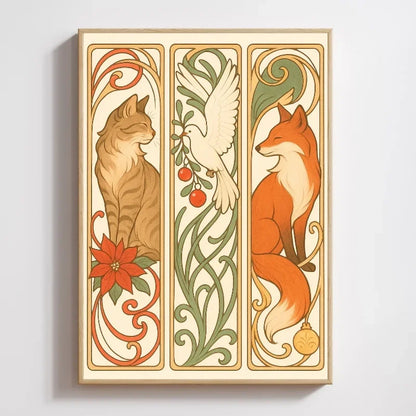 Festive art print with a cat, dove, and fox among botanical and holiday motifs