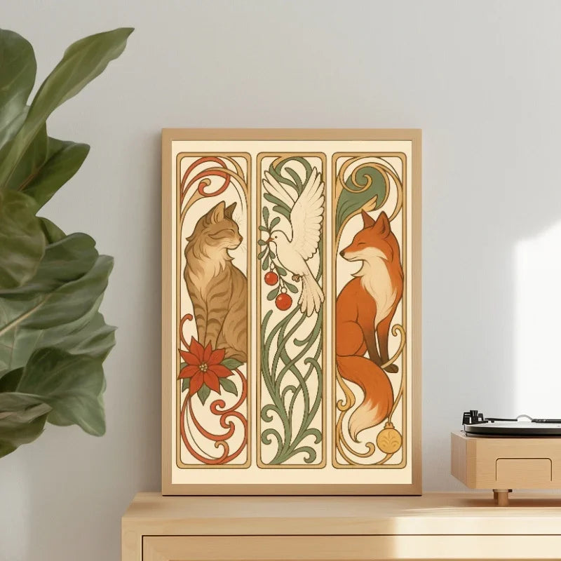 Festive botanical art print featuring a cat, dove, and fox in decorative panels.