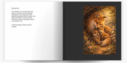 Open art book page with fox mother and kits illustration and text about nurturing and protection