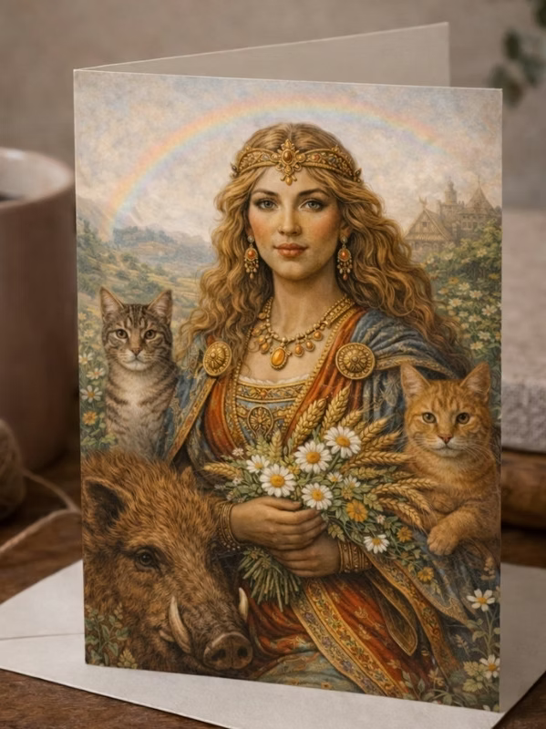 Freyja Norse goddess art print featuring boar Hildisvíni and cats, symbolizing fertility, resilience, and wild feminine power