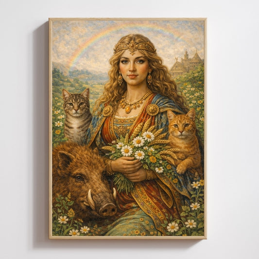 Mythology art print of a goddess with cats, a wild boar, bouquet of daisies, and a rainbow