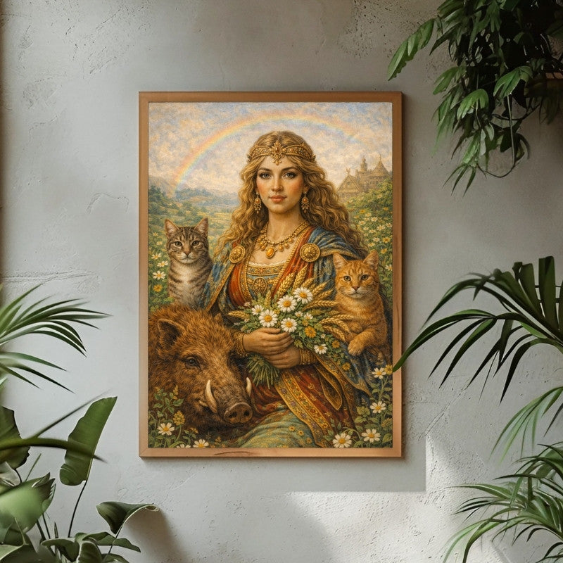 Mythology-inspired art print of a woman with cats, boar, flowers, and rainbow background