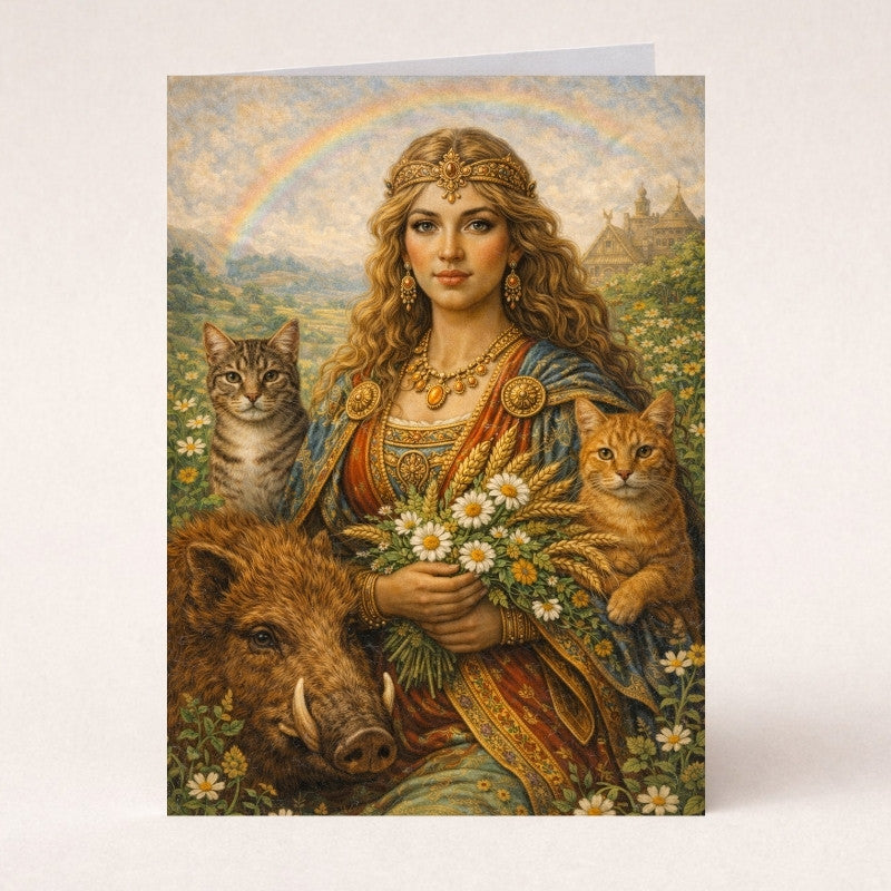 Mythology art print of a woman with cats, boar, flowers and a rainbow in a fantasy landscape