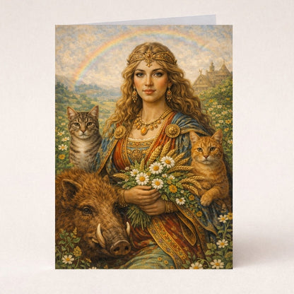 Mythology art print of a woman with cats, boar, flowers and a rainbow in a fantasy landscape