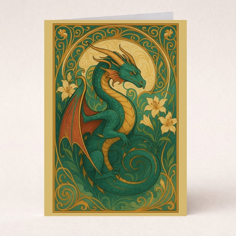 Fantasy greeting card with green dragon, golden floral art nouveau border, and lilies