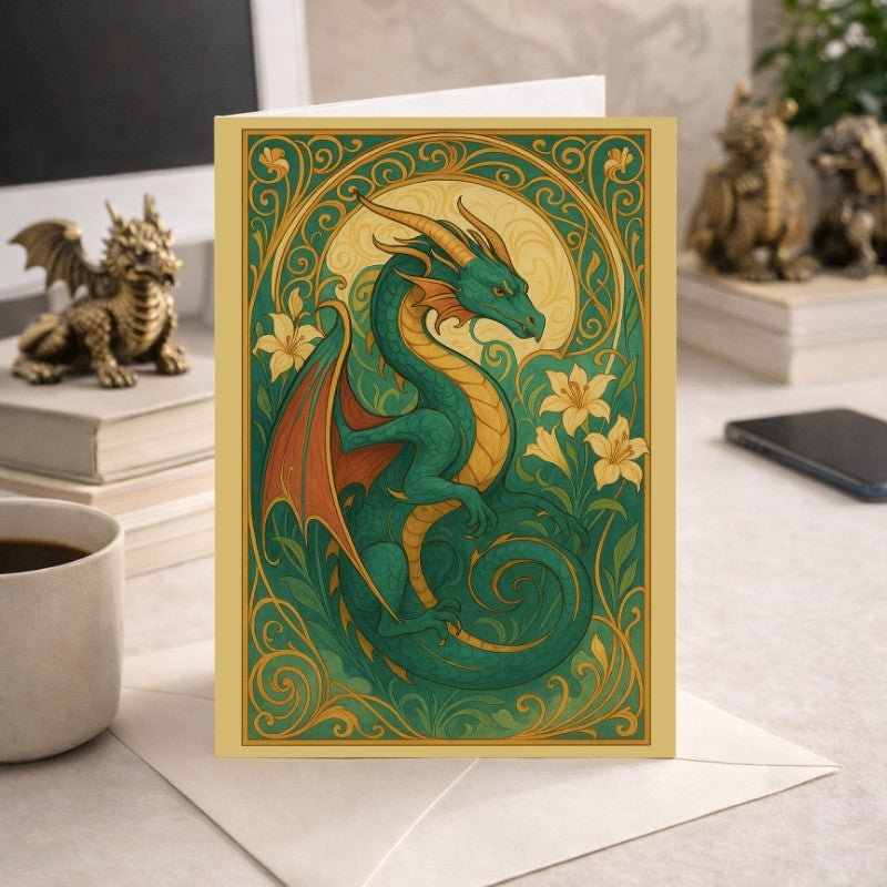 Fantasy greeting card with green dragon, yellow lilies and ornate details on a desk