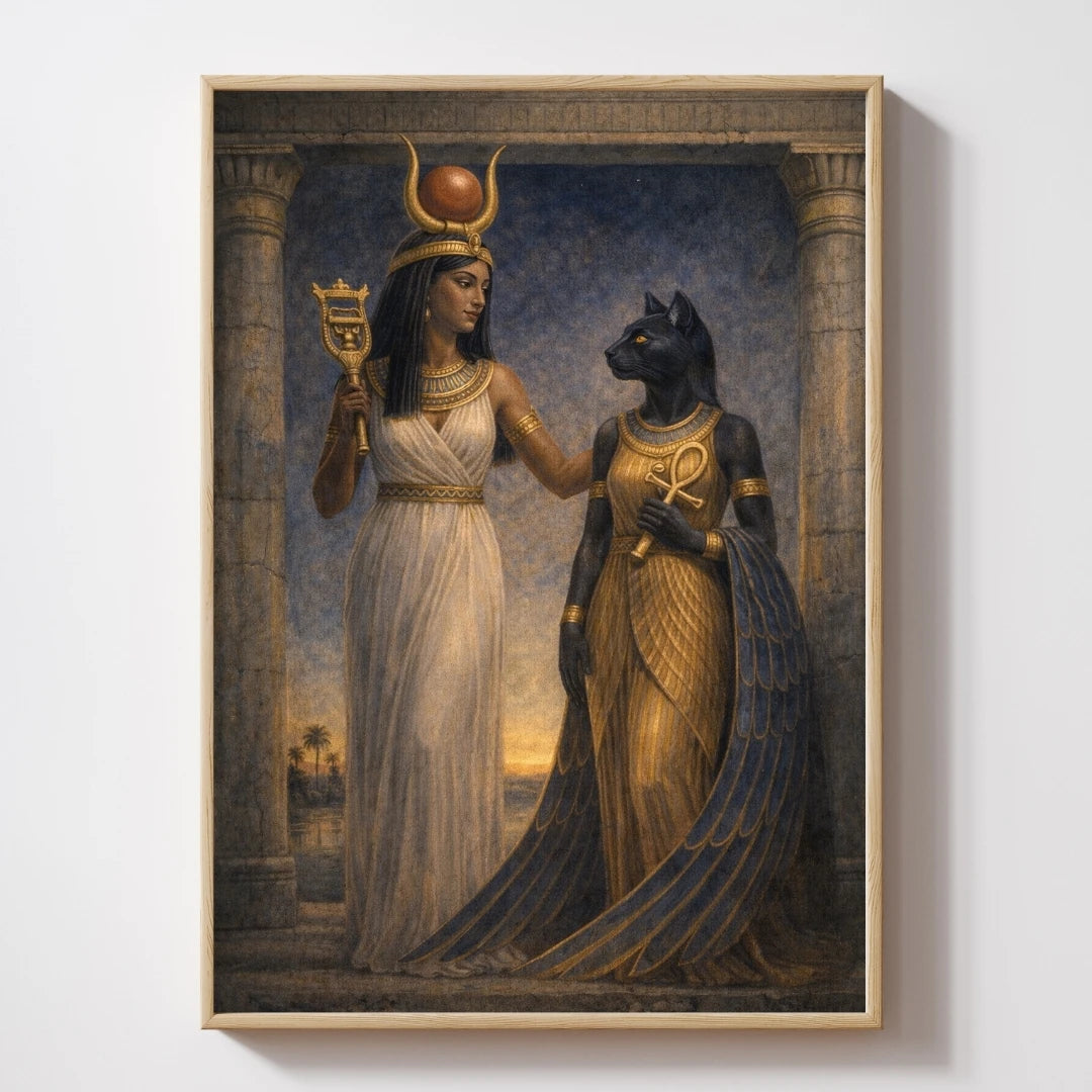 Hathor and Bastet Egyptian goddesses standing together in ancient temple setting, detailed mythology-inspired artwork with gold tones and symbolic elements