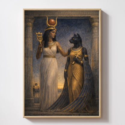 Hathor and Bastet Egyptian goddesses standing together in ancient temple setting, detailed mythology-inspired artwork with gold tones and symbolic elements