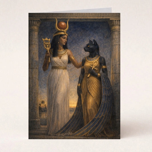 Hathor and Bastet Egyptian goddesses standing together in ancient temple setting, detailed mythology-inspired artwork with gold tones and symbolic elements