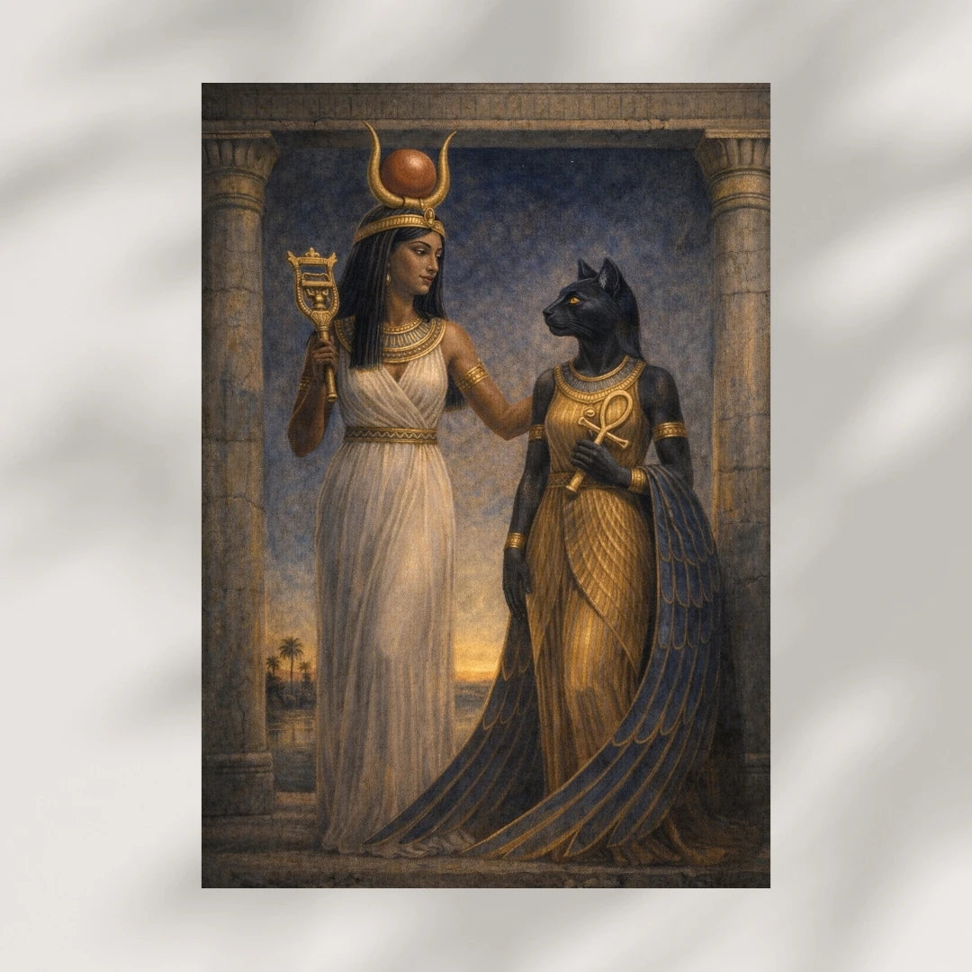 Hathor and Bastet Egyptian goddesses standing together in ancient temple setting, detailed mythology-inspired artwork with gold tones and symbolic elements
