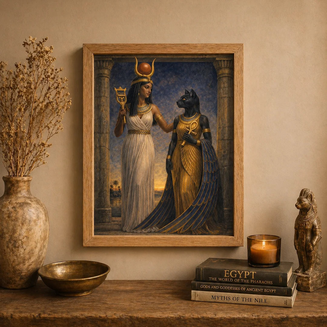 Hathor and Bastet Egyptian goddesses standing together in ancient temple setting, detailed mythology-inspired artwork with gold tones and symbolic elements
