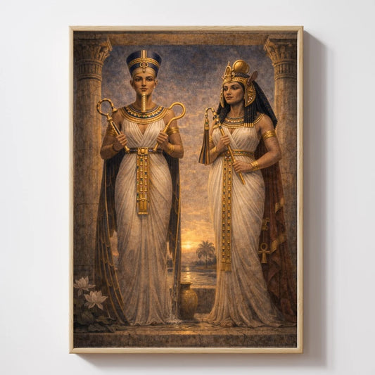 Hatshepsut and Twosret Egyptian queens standing with royal staffs in ancient temple setting, detailed mythology-inspired artwork with gold and neutral tones