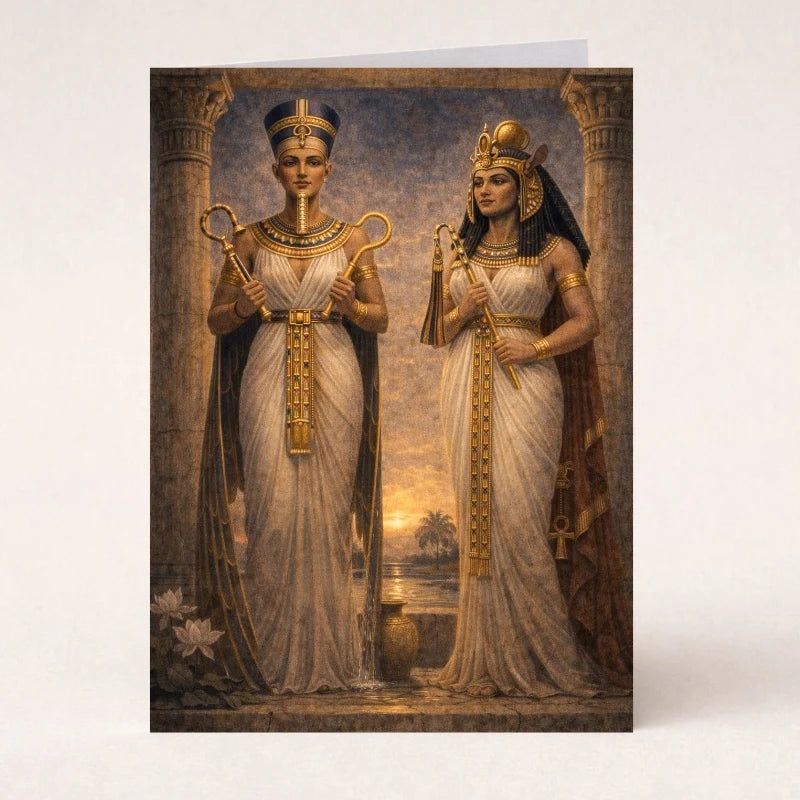 Hatshepsut and Twosret Egyptian queens standing with royal staffs in ancient temple setting, detailed mythology-inspired artwork with gold and neutral tones