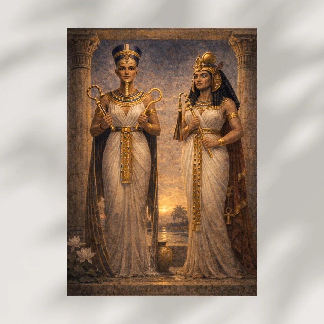 Hatshepsut and Twosret Egyptian queens standing with royal staffs in ancient temple setting, detailed mythology-inspired artwork with gold and neutral tones