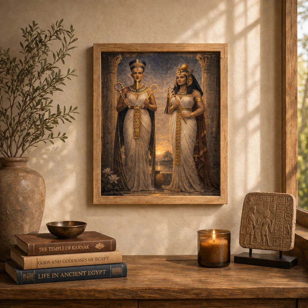 Hatshepsut and Twosret Egyptian queens standing with royal staffs in ancient temple setting, detailed mythology-inspired artwork with gold and neutral tones