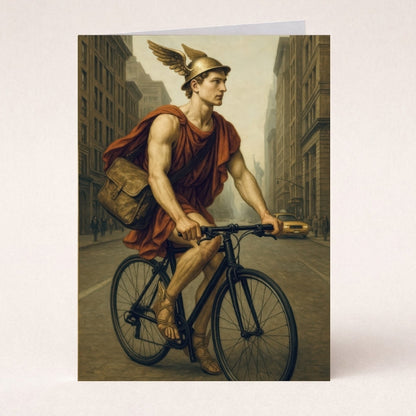 Hermes in ancient attire riding a bicycle in modern New York City, mythology greeting card