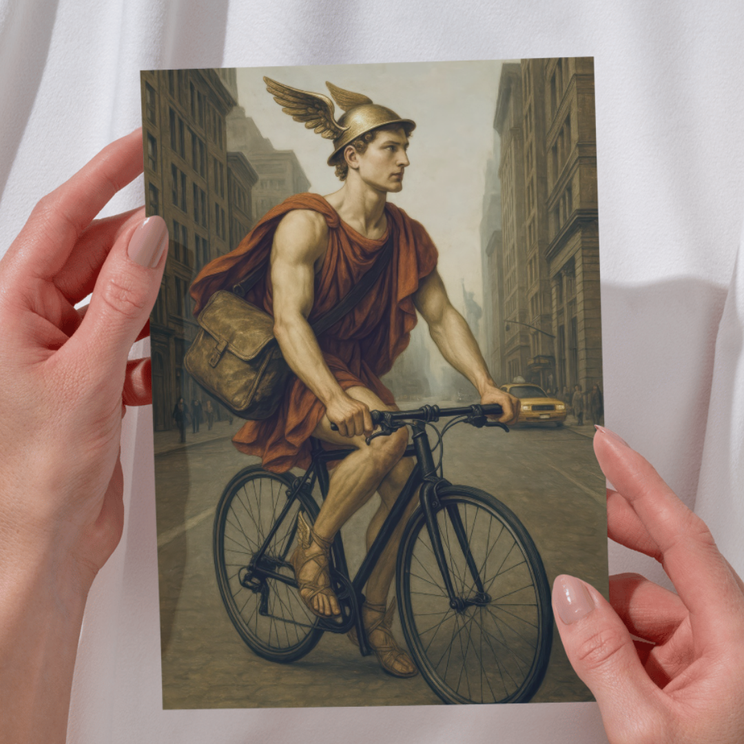 Greek god Hermes in winged helmet and robe riding a bicycle in modern New York City