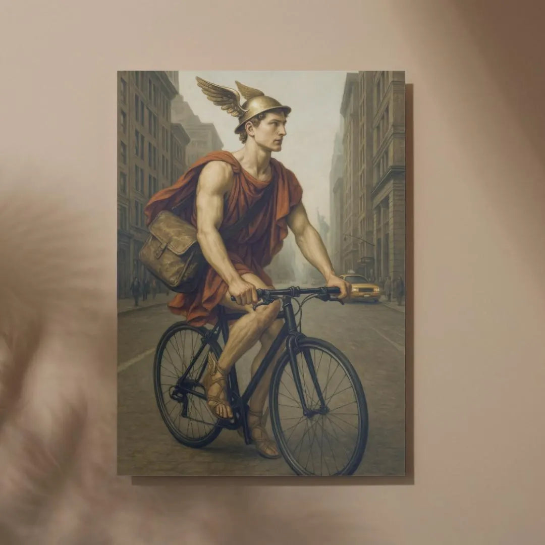 Greek god Hermes in winged helmet, riding bicycle in modern New York city street artwork