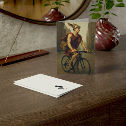 Mythology art card featuring Hermes riding a bicycle in a modern city setting