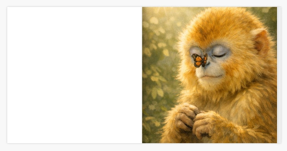 Open book showing a soft illustration of a monkey with a butterfly resting on its nose