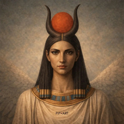 Portrait of Isis-inspired Egyptian goddess with symbolic headdress and red sun disk from mythology art book