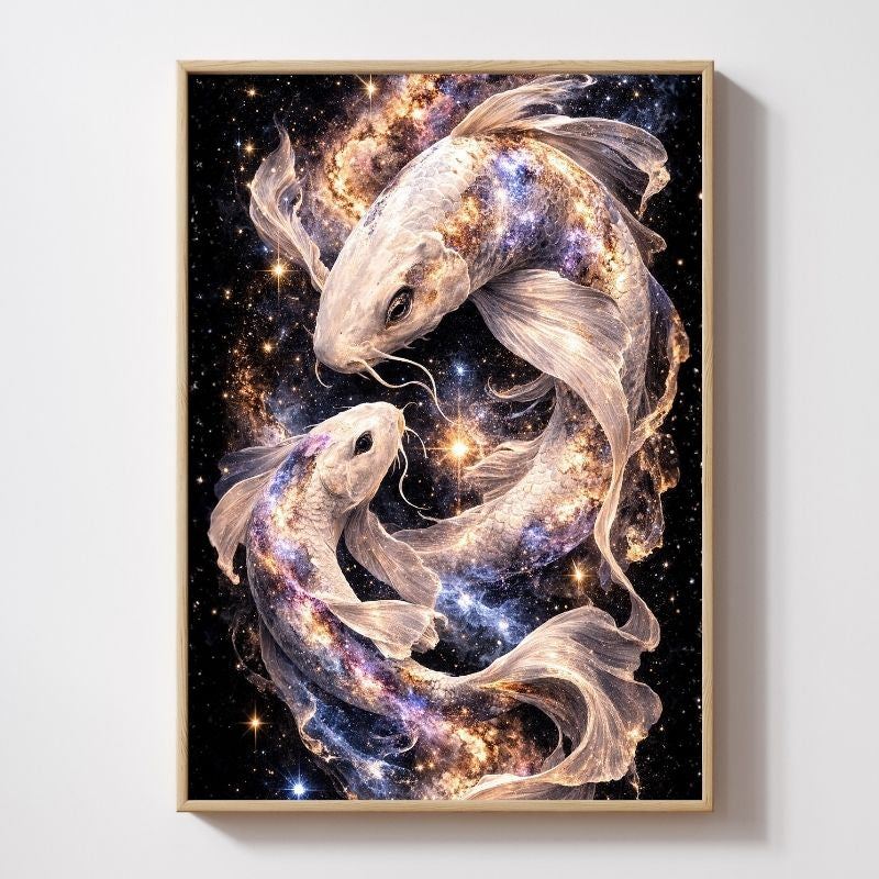 Fantasy koi fish art print with cosmic galaxy background, mythology-inspired wall decor