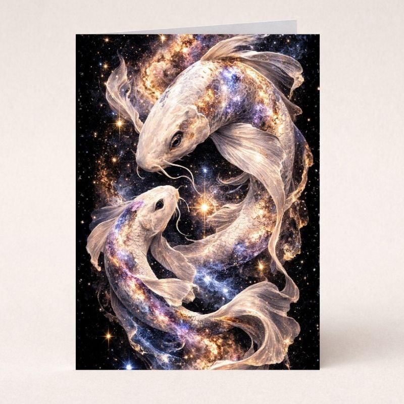 Mythical koi fish swimming in a cosmic galaxy background fantasy art card