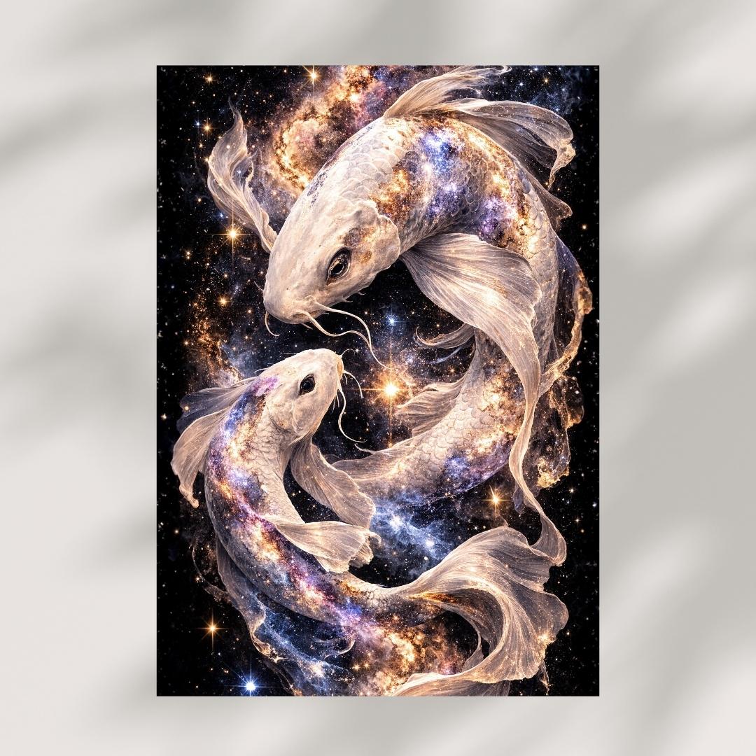Two koi fish with cosmic, galaxy-inspired patterns swirling in a fantasy art print