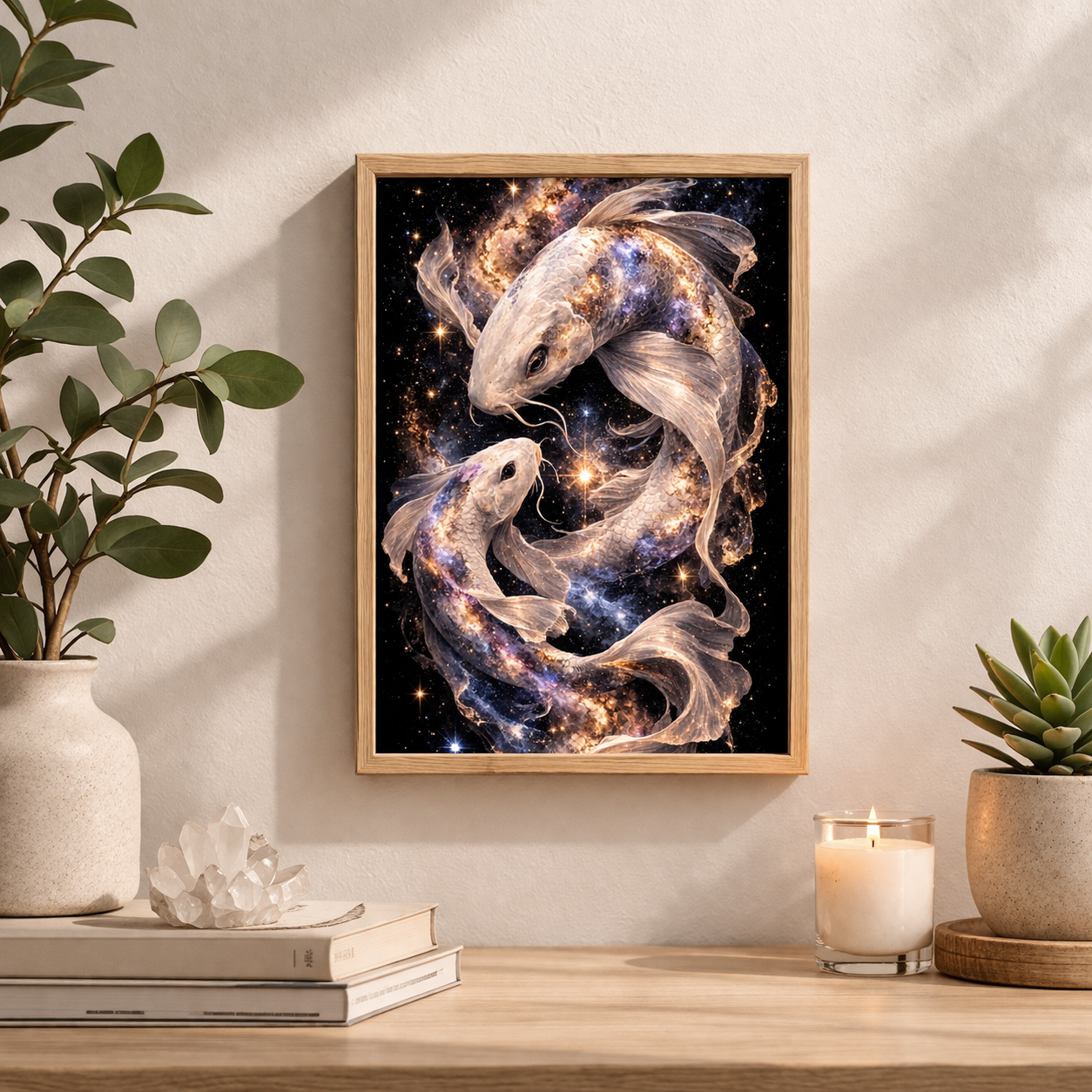Fantasy koi fish wall art with cosmic galaxy details in a wooden frame on a modern shelf