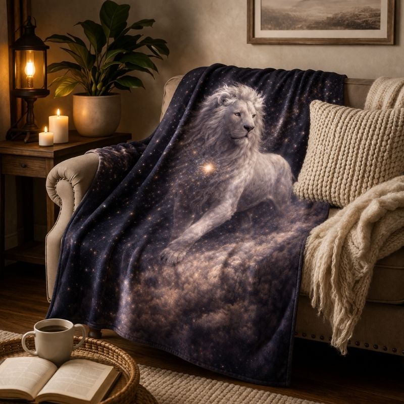 Fantasy lion art throw blanket draped on sofa in cozy living room setting