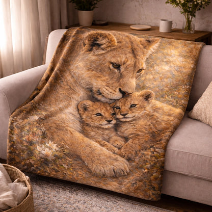 Cozy throw blanket on sofa featuring lioness and cubs art, wildlife home decor